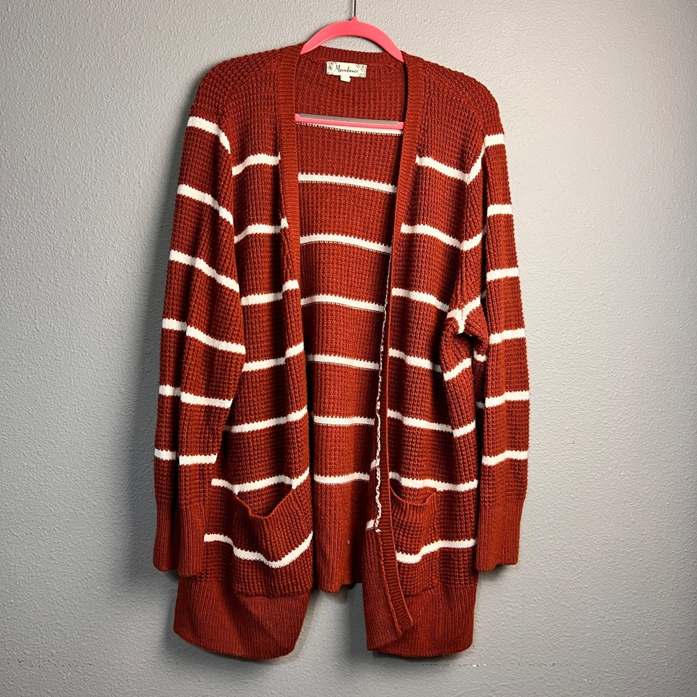 Moondance Rust Orange White Striped Waffle Knit Open Front Cardigan Pockets 3X